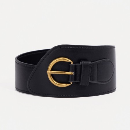 Women's belt, width 7.5 cm, metal buckle, black color