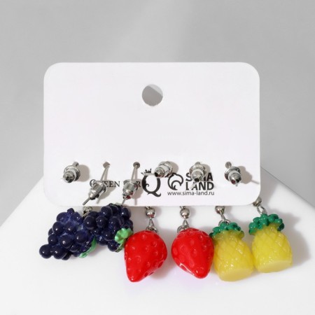 Set of earrings 3 pairs "Fruits" pineapple and berries, colored in silver-2