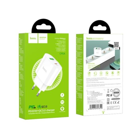 Network charger Hoco C95a, Type -C - PD 20 W 3 A, USB Qc3.0 - 18 W 3 A, White-9
