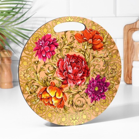 Board cutting and serving round kitchen "Zhostovskaya painting", 25.5 cm