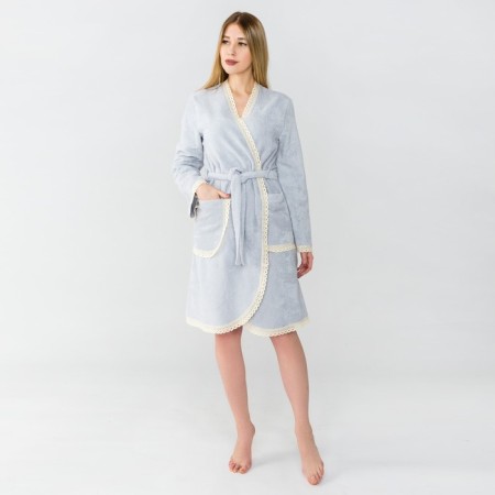 Terry dressing gown with lace "Ethel" female, size 40-42 Light gray