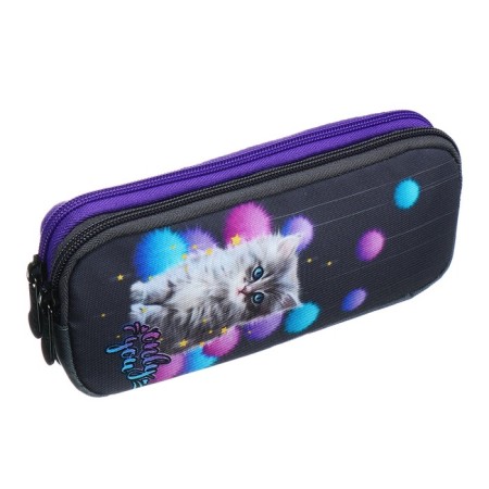 Penal soft, 2 compartments, volumetric, 90 x 220 x 40 mm, Stavia "kitten in cannons" gray 86206-2