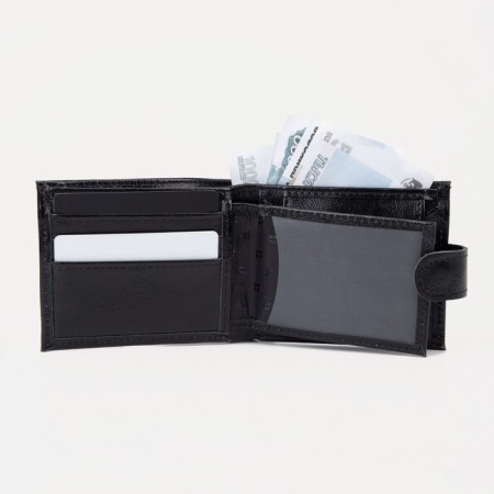Male purse on a button, for bills, for cards, for coins, black color-5