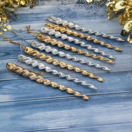 Christmas tree decoration "twisted icicles" (set 8 pcs) 12 cm, silver gold-1