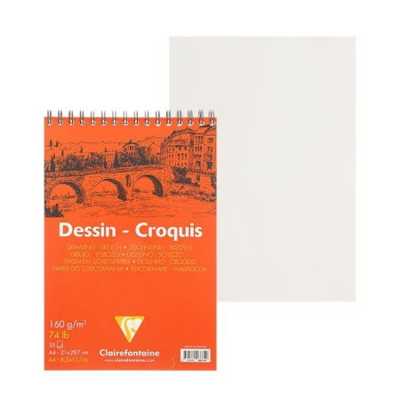 Notepad for drawings, A4, 160 g/m2, Clairefontaine 35 sheets, spiral, white