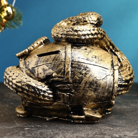 Piggy bank "Snake with a barrel" Small gold, 14x19x12cm-3