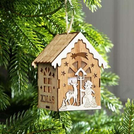 Christmas tree toy "House with a deer and a snowman", from batteries, a glow of warm white-1