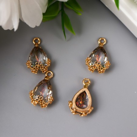 Decor for creativity plastic "drop with golden flowers" transparent crystal 2x1.2 cm-2