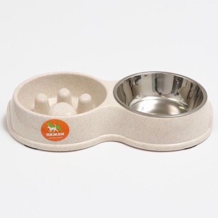 Double bowl for slow feeding 30.5 x 17 x 5 cm, beige-1
