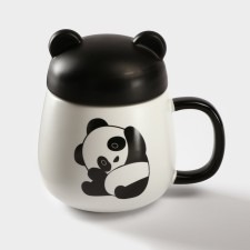 Ceramic mug with a Panda plastic lid, 400 ml, white and black color