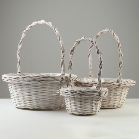A set of wicker baskets, D37x16/43 cm, D29x14/39 cm, d21x12/34 cm, 3 pcs, white, willow