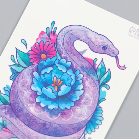 Tattoo on the body color "python with flowers. Watercolor" 10.5x6 cm-3