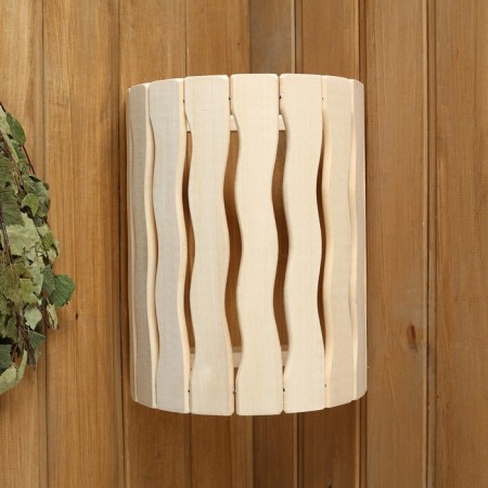 A wooden lampshade, semicircular "flame"