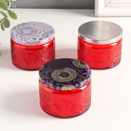 Bank for candles glass with a lid "Flower" red, round 5x7x7 cm, mix-2