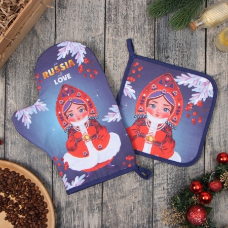 Set of kitchen. Ethel "Matryoshka": 19x19 cm, mittens-capture 20x28 cm, 100% HL
