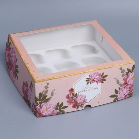 Capcake box, confectionery packaging with a window, 9 cells "Flowers", 25 x 25 x 10 cm
