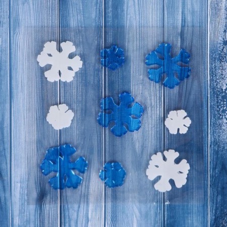 Glass sticker "White and blue snowflakes" (set of 9 pcs) 12.5x12.5 cm, blue-white
