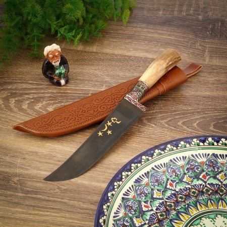 Пчак Шархон, рукоять из рога косули, гарда с гравировкой-3