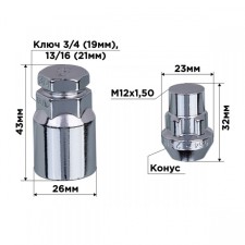 Secretary nuts SkyWay, M12x1.50 32mm, Closed cone, 5 ray, 2 cl, chromium, set 4 pcs