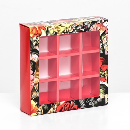 Box for 9 sweets with a shell, "flowers" 13.8 x 13.8 x 3.8