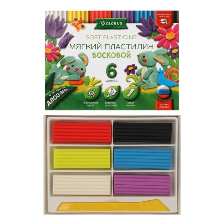 Soft plasticine (wax), 6 colors, 90 g, Globus, with aloe vera, with a stack