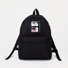 A backpack with a zipper, black color, 