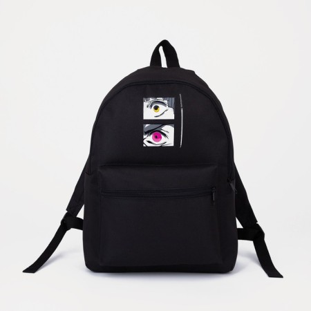 A backpack with a zipper, black color, "anime"