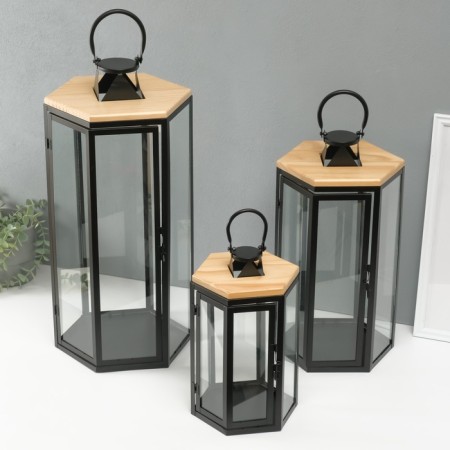 Climber Metal, wood, lantern "Six faces" set 3 pcs 22.5x19.5x43.5; 18.5x16x31 cm-5