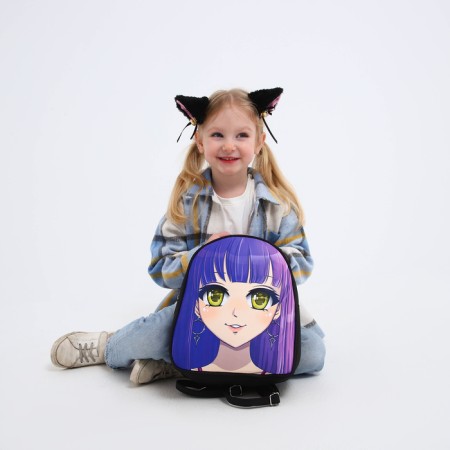 School textile backpack with ears on the hairpins "Anime", 27x23 cm, black/purple-16
