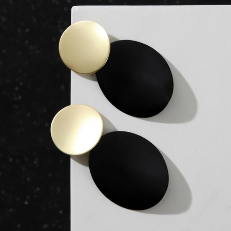 Earrings Metal "Trend" convex discs, black color in matte gold-1