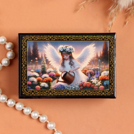 Casket "Angel with a watering can", black, 6 × 9 cm, lacquer miniature-2