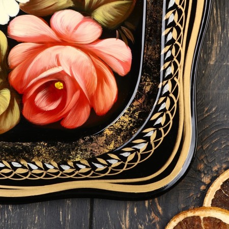 Zhostovsky tray "roses", black, with copyright painting, 24x20 cm-1