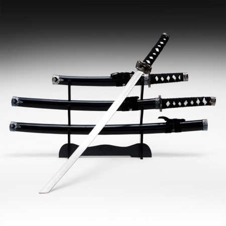 Suv. Product Katana 3V1 on a stand, scabbard wood, black gloss 54/81/100cm, hilt mix