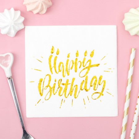 Paper Napkins Happy Birthday, 25x25 cm, 20 pcs., Sticking gold, on a white background-1
