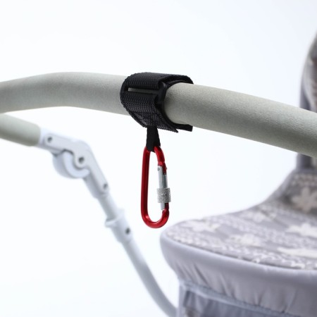 Carabiner for bags for a stroller, for Velcro, eco -leather, black/red color-9