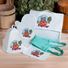 Set for a bathhouse and sauna 5 in 1 (bag, hat, mittens, rug, washcloth), with print 
