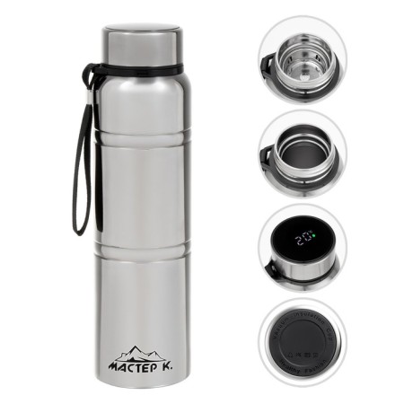 Thermos, 1 l, Warm, retains heat 24 hours, with a strainer, with a temperature sensor, chrome
