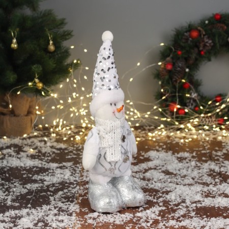 Soft toy "Snowman in a shiny cap" 38x19 cm, silver-white-1