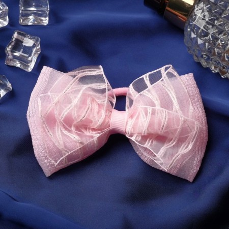 Hair gum "Bow" Crystal stripes, 11 cm, pink