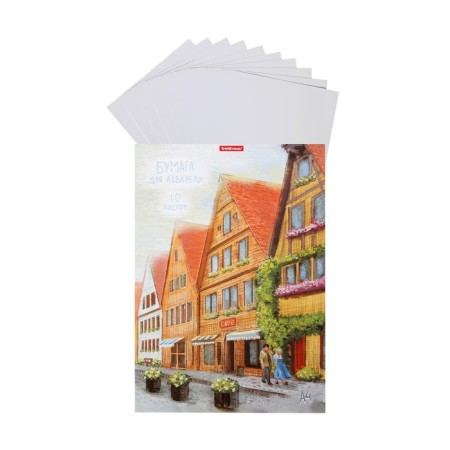 A4 watercolor paper, 10 sheets, block 180 g/m², Erichkrause "Promenade", 100% white, in cardboard folder