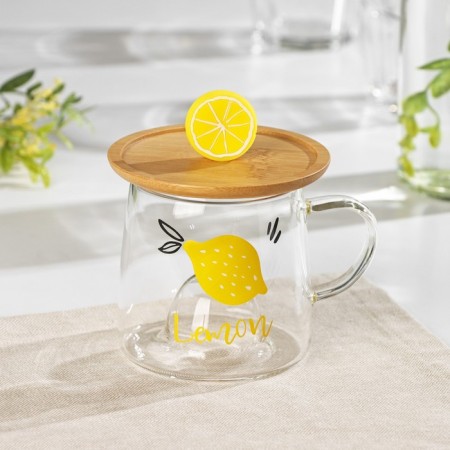 Glass mug with a wooden lid "Lemonchik", 350 ml