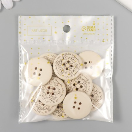 Buttons wood for creativity 4 punctures "Patterns" white set 10 pcs 3x3 cm-3