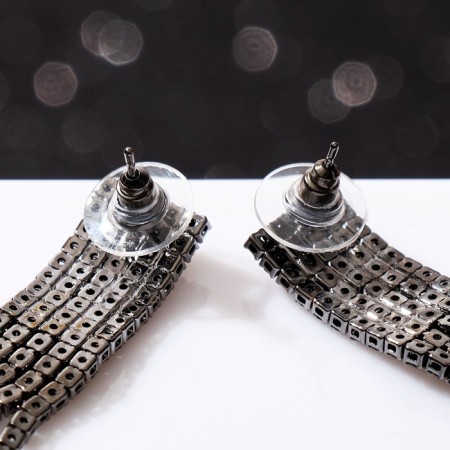 Hanging earrings with rhinestones "Waterfall" on a rectangle, black color in gray metal, 12.7 cm-1