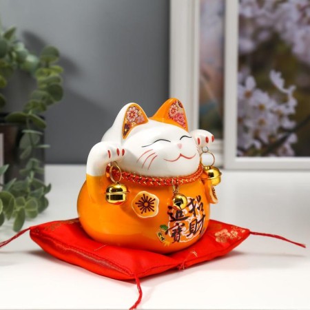 Souvenir Ceramics Pigger "Orange cat manki-nako with bells" 11.5x11.5x9.5 cm-1