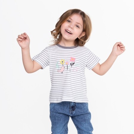 T-shirt for girls, gray/strip, height 104-110 cm