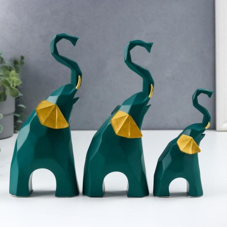 Souvenir Polystone 3D "Green Elephants" Set 3 pcs 13.5x4x7.5 cm 20x5x9.5 cm 21x5x10 cm-1