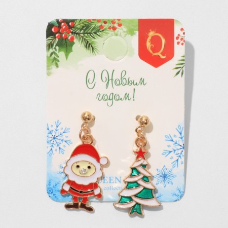 Earrings "New Year" Christmas tree and Santa, colored in gold