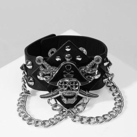 Bracelet Skin "Skull" pirate, black color with silver, 21 cm-1