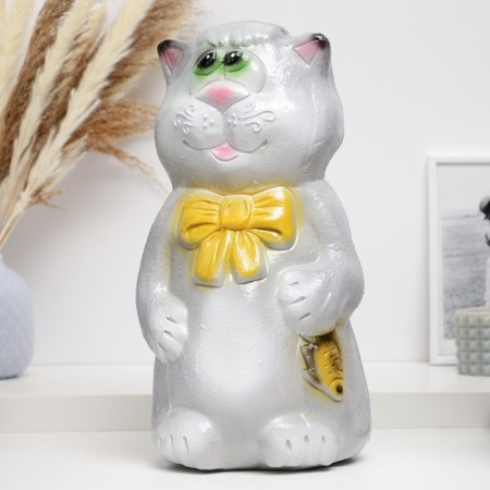 Piggy bank "Cat with a bow and fish" Gray, 38cm-1