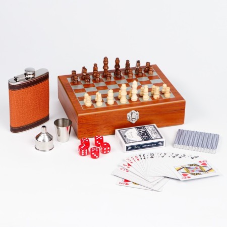 Set 6 in 1: Flaw 8 OZ, glass, funnel, cubes 5 pcs, cards, chess, 18 x 24 cm-2